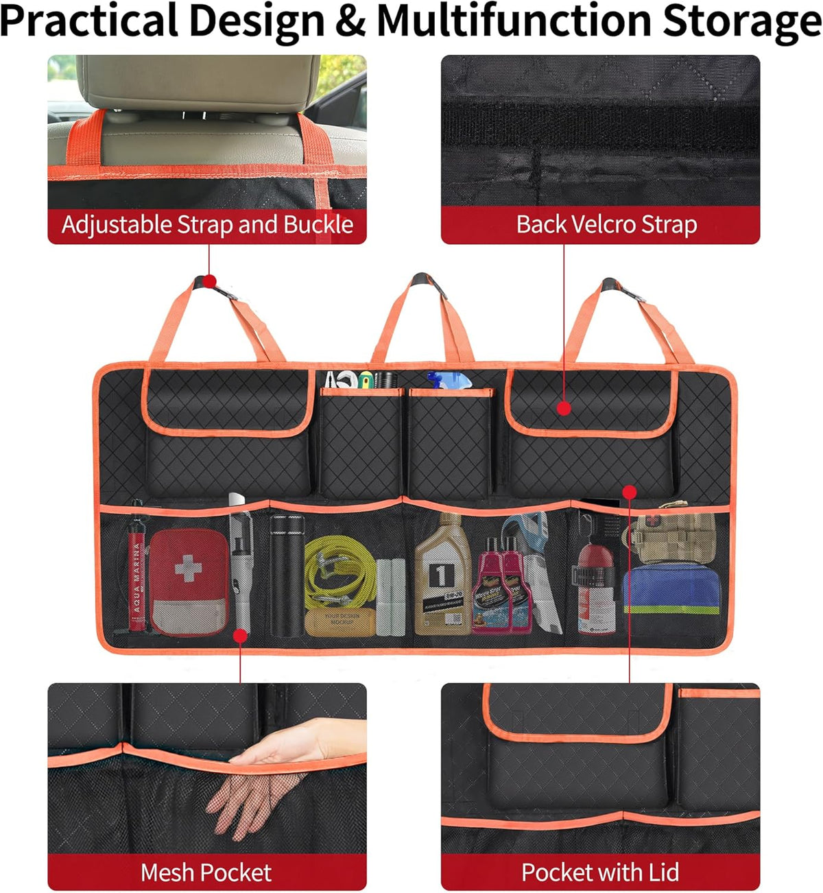 Car Trunk Organizer and Storage, Large Capacity Backseat Hanging Storage Accessories, Backseat Car Organizer for SUV/MPV/Truck (Black)