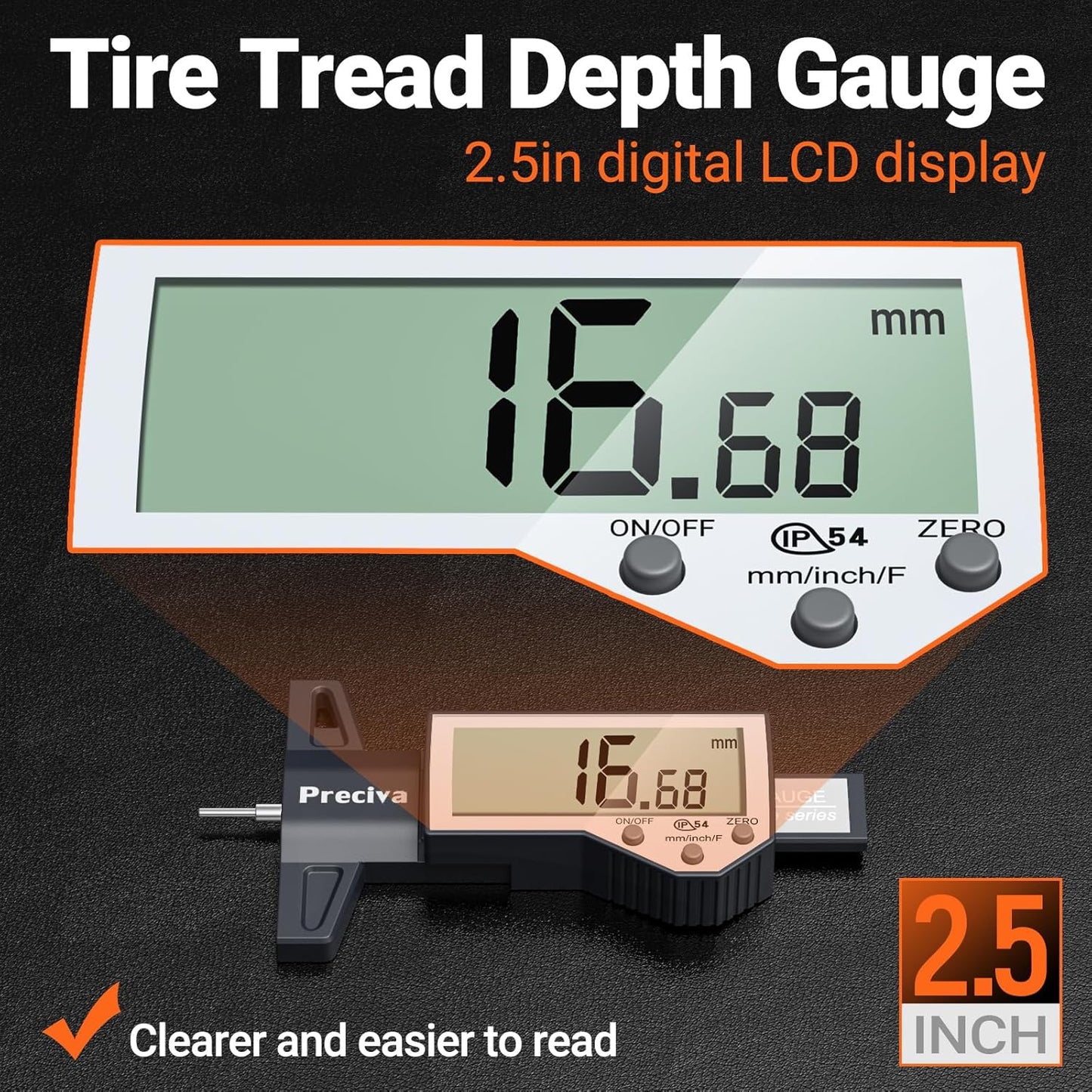 Preciva Tire Tread Depth Gauge, Digital Tire Depth Gauge with Large LCD Display and Inches, Millimeters, Fraction Conversion, Tread Depth Gauge Suitable for Thread Depth, Brake Shoe and Pad Wear