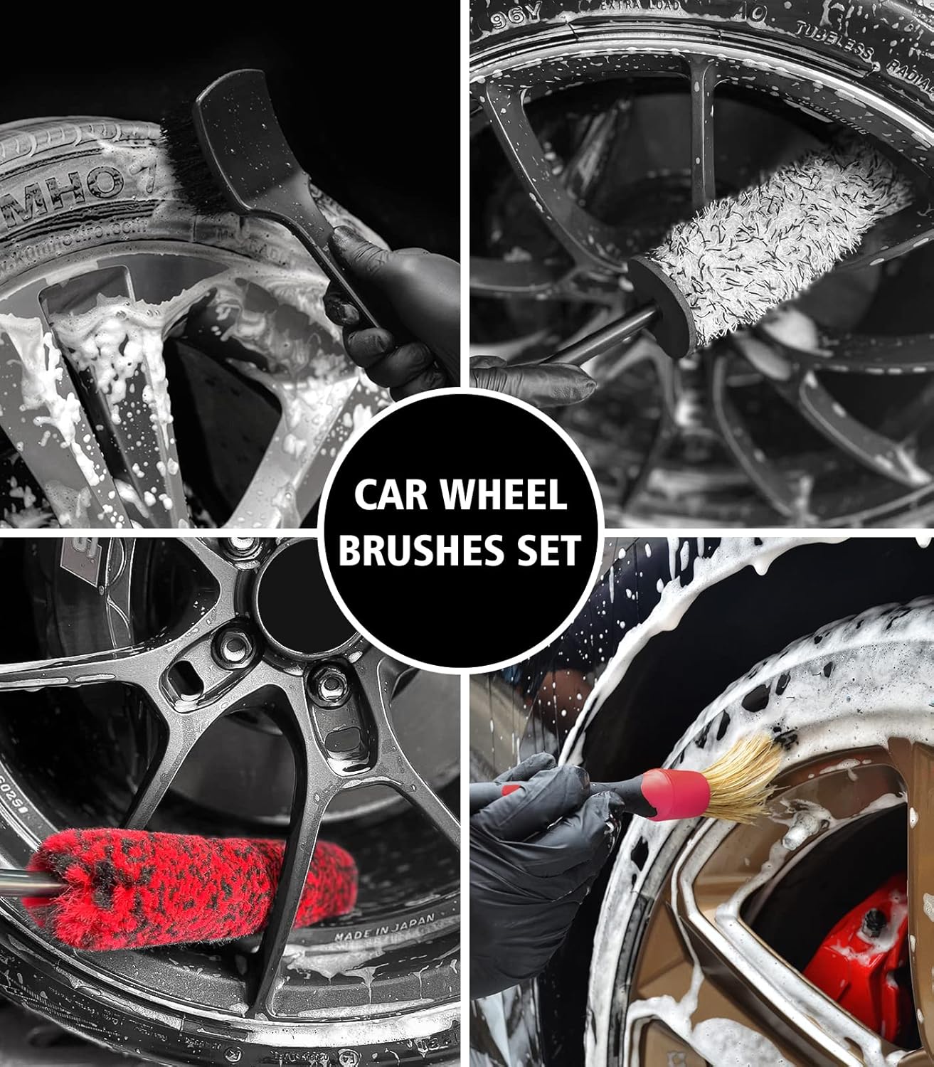 YeewayVeh 4Pack Car Wheel Cleaning Kit, Bendable Wheel Brush and Microfiber Rim Cleaner Brush, Tire Brush and Car Detailing Brush, Soft & No-Scratch Car Wheel Rim Brush Set for All Wheel Types, Red