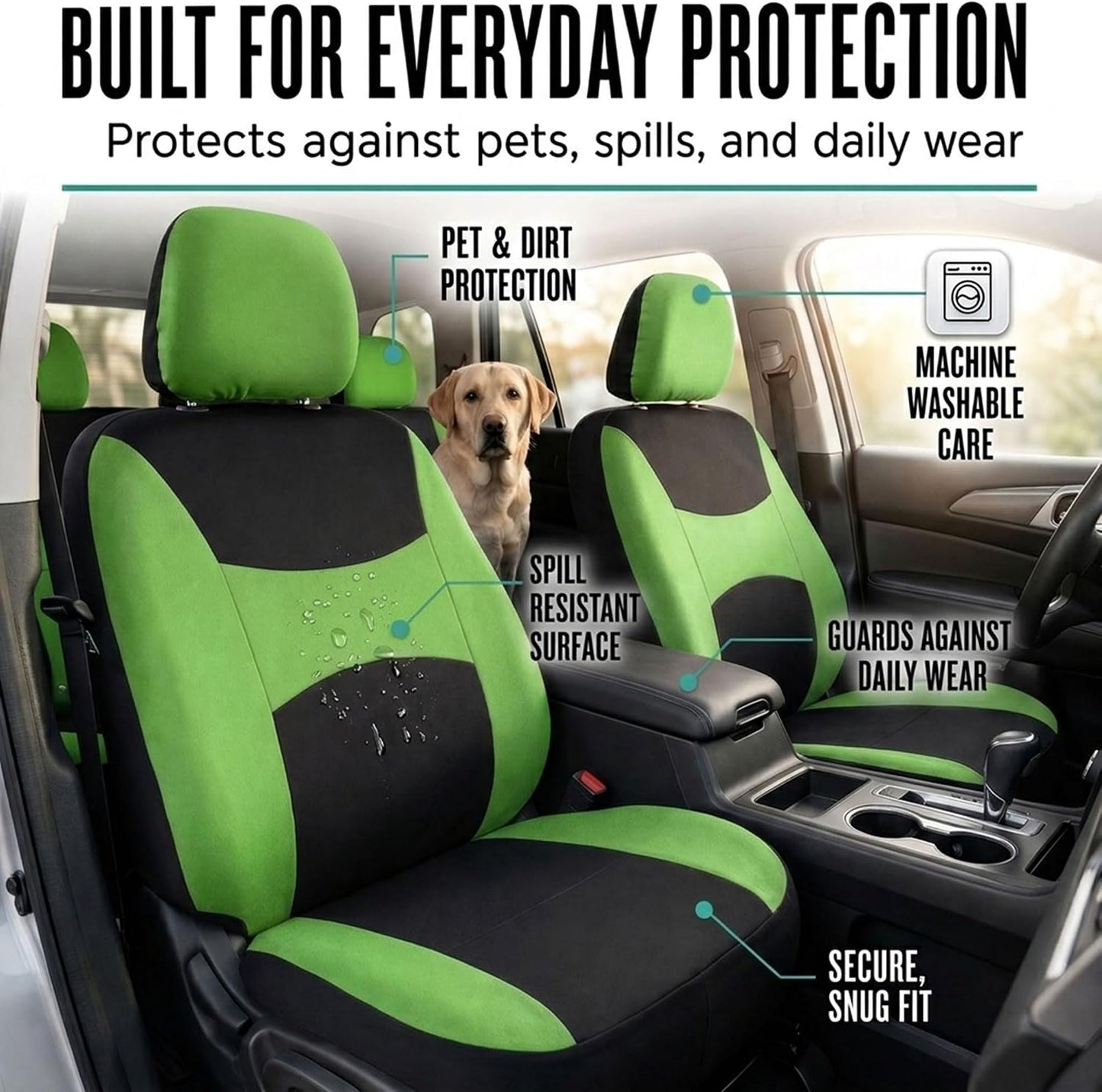 FH Group Full Set Cloth Car Seat Covers, Universal Fit Front and Split Bench Rear, Airbag Compatible, Washable for SUV, Sedan, Van - Black