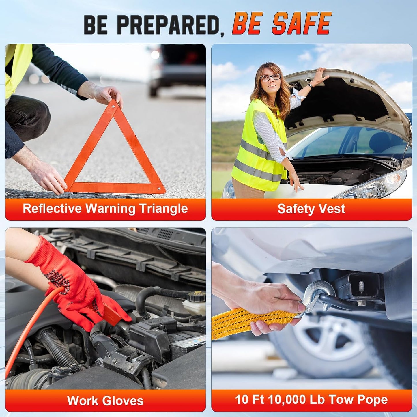 Roadside Car Emergency Kit, Winter Car Safety Kit with 10FT Jumper Cables, Tow Strap, Tool Kit, Reflective Warning Triangle, Road Trip Essentials, for New Drivers, Teens