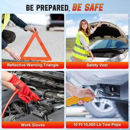 Roadside Car Emergency Kit, Winter Car Safety Kit with 10FT Jumper Cables, Tow Strap, Tool Kit, Reflective Warning Triangle, Road Trip Essentials, for New Drivers, Teens