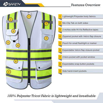 JKSafety 9 Pockets Class 2 High Visibility Zipper Front Safety Vest With Reflective Strips,Meets ANSI/ISEA Standard (Large, 150-Yellow) - Colors A
