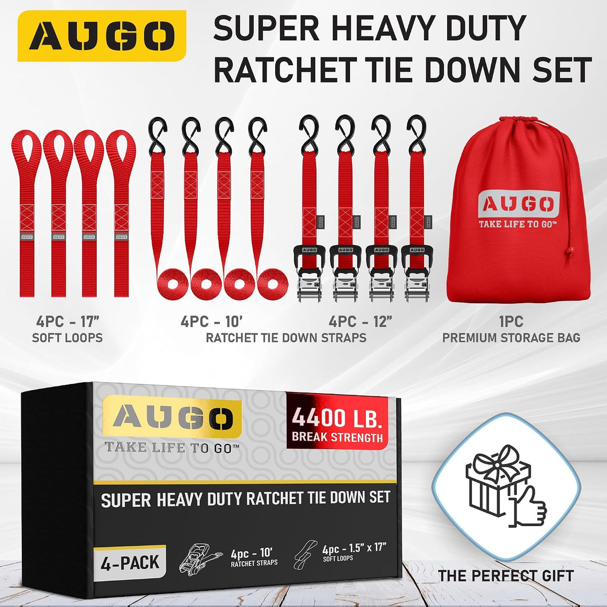 AUGO Ratchet Straps Heavy Duty 4 Pack -15 FT - 2200 LB Break Strength – with Safety Lock S Hooks - Cargo Straps for Moving, Appliances, Motorcycle – Soft Loop Tie Down Straps