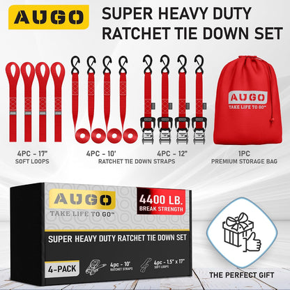 AUGO Ratchet Straps Heavy Duty 4 Pack -15 FT - 2200 LB Break Strength – with Safety Lock S Hooks - Cargo Straps for Moving, Appliances, Motorcycle – Soft Loop Tie Down Straps