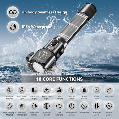 18-in-1 Car Emergency Flashlight, Window Breaker Seatbelt Cutter | 800LM solar/usb flashlight, magnetic base, emergency power bank, electric lighter, 120dB alarm & compass. Ideal driver gift