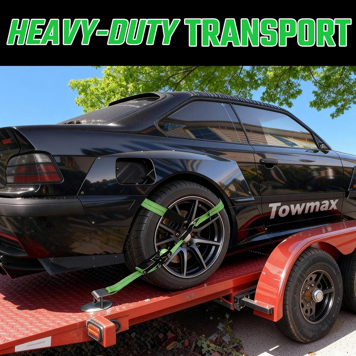 4 Pack Car Tie Down Straps for Trailers - 2" x 8' Heavy Duty Tire Straps with Snap Hooks - 10,000lbs Break Strength, Adjustable Lasso Style Wheel Straps for Hauling Cars, Truck, UTV(Green)