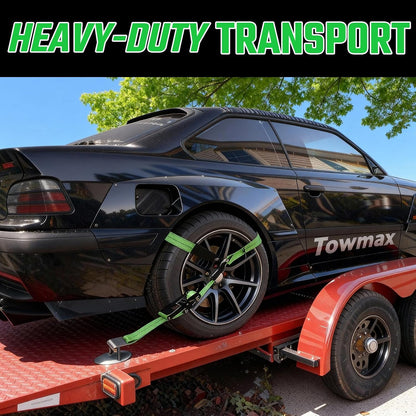 4 Pack Car Tie Down Straps for Trailers - 2" x 8' Heavy Duty Tire Straps with Snap Hooks - 10,000lbs Break Strength, Adjustable Lasso Style Wheel Straps for Hauling Cars, Truck, UTV(Green)