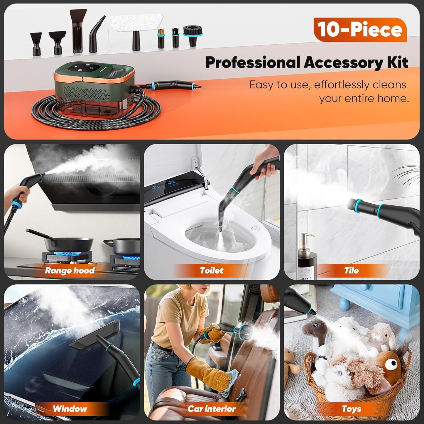 Steam Cleaner, 2500W Home Handheld Grout Steam Cleaning Machine with 1.32QT Transparent Tank & 10 Attachments for Range Hood, Stove, Tile, Upholstery, Car Detailing & More (Green/Gold)