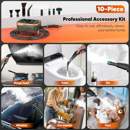 Steam Cleaner, 2500W Home Handheld Grout Steam Cleaning Machine with 1.32QT Transparent Tank & 10 Attachments for Range Hood, Stove, Tile, Upholstery, Car Detailing & More (Green/Gold)