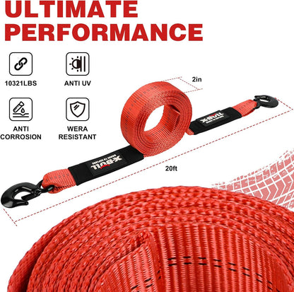 X-BULL Tow Strap (2 in x 20 Ft) with Forged Steel Hooks Lab Tested 10,321lbs Break Strength Emergency Heavy Duty Capacity Tow Strap for Car Truck Jeep SUV Not for Off-Road Recoveries（Red）