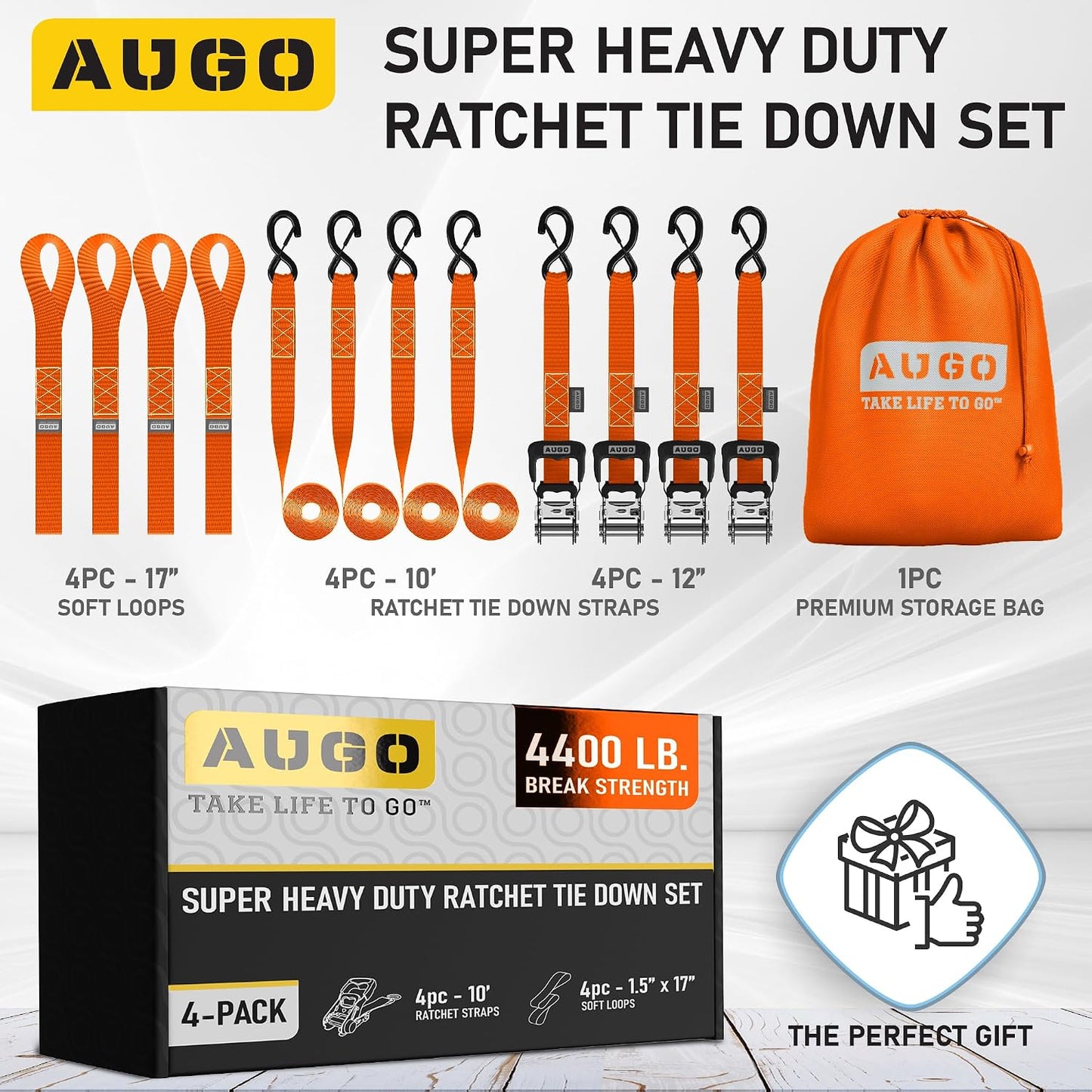 AUGO Ratchet Straps Heavy Duty 4 Pack -15 FT - 2200 LB Break Strength – with Safety Lock S Hooks - Cargo Straps for Moving, Appliances, Motorcycle – Soft Loop Tie Down Straps
