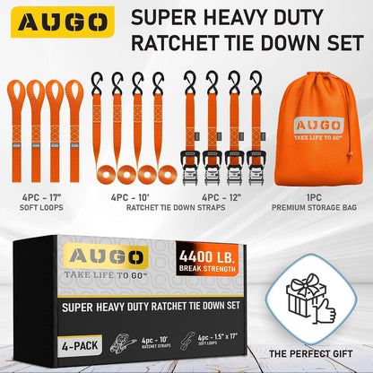 AUGO Ratchet Straps Heavy Duty 4 Pack -15 FT - 2200 LB Break Strength – with Safety Lock S Hooks - Cargo Straps for Moving, Appliances, Motorcycle – Soft Loop Tie Down Straps