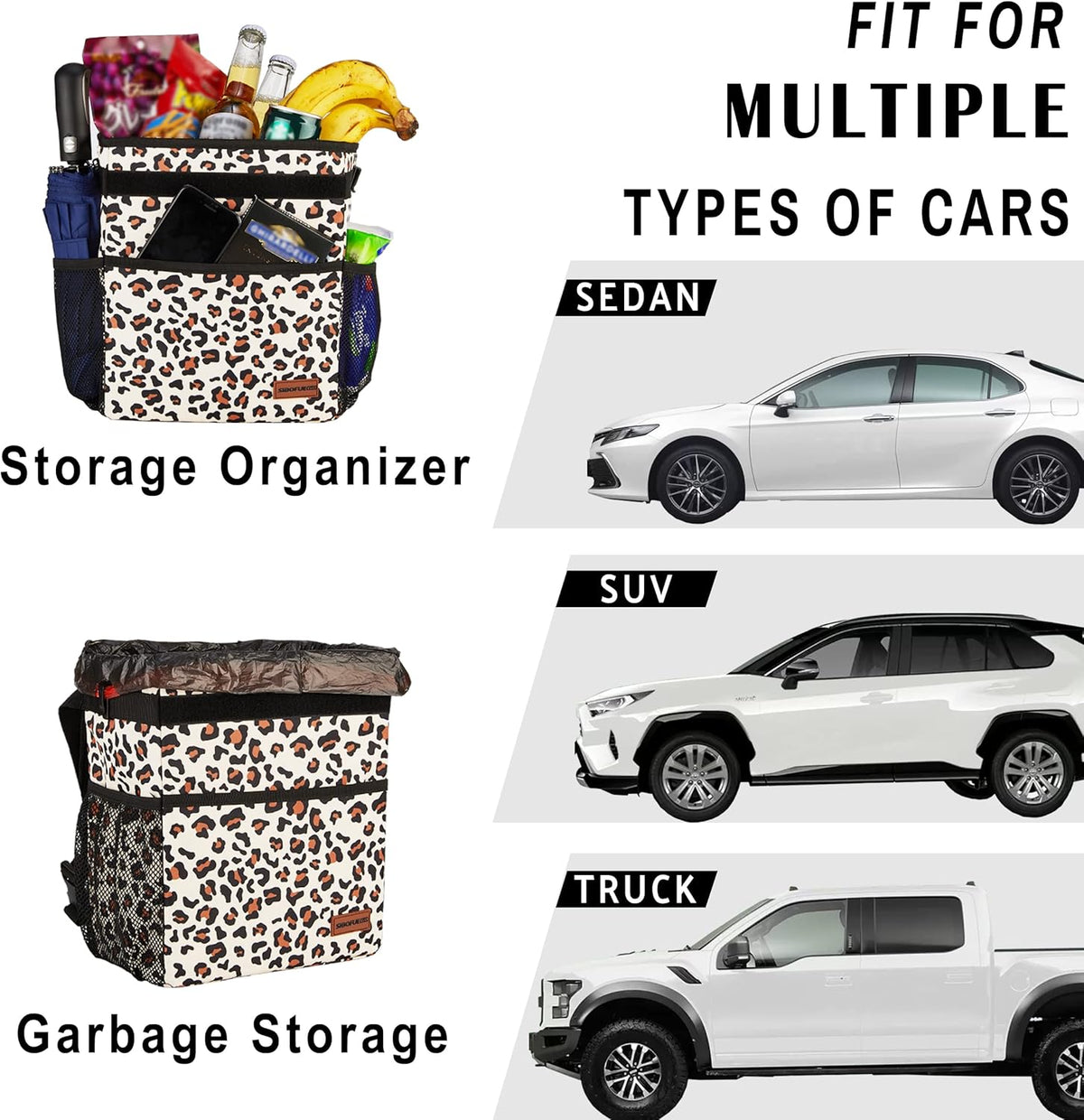 SIBOFUEGO Cute Car Trash Can with Lid – Multipurpose Collapsible Trash Bin for Car, Leak-Proof Organizer, Waterproof Garbage Can with Storage Pockets & Adjustable Straps, 2 Gallons (Black Leopard)