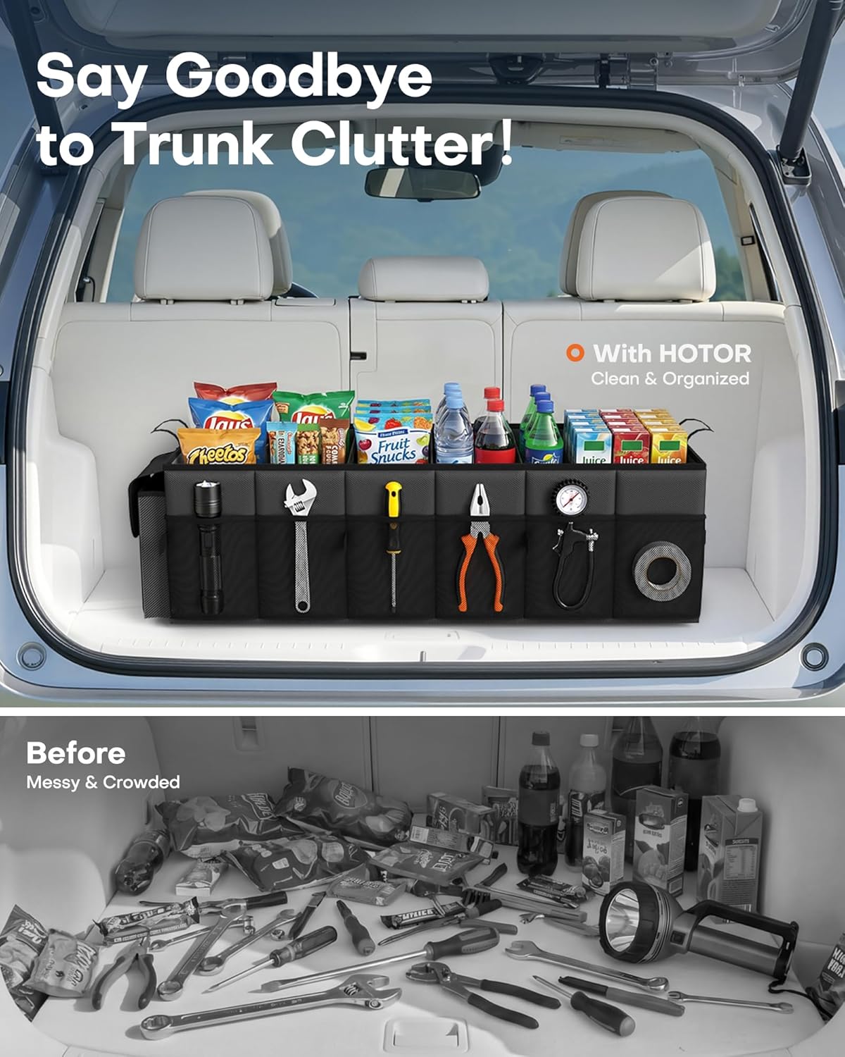 HOTOR Trunk Organizer, Sturdy Foldable with Cooler for Car & SUV, 3 Compartments, Black, 30.90”×12.60”×10.63”
