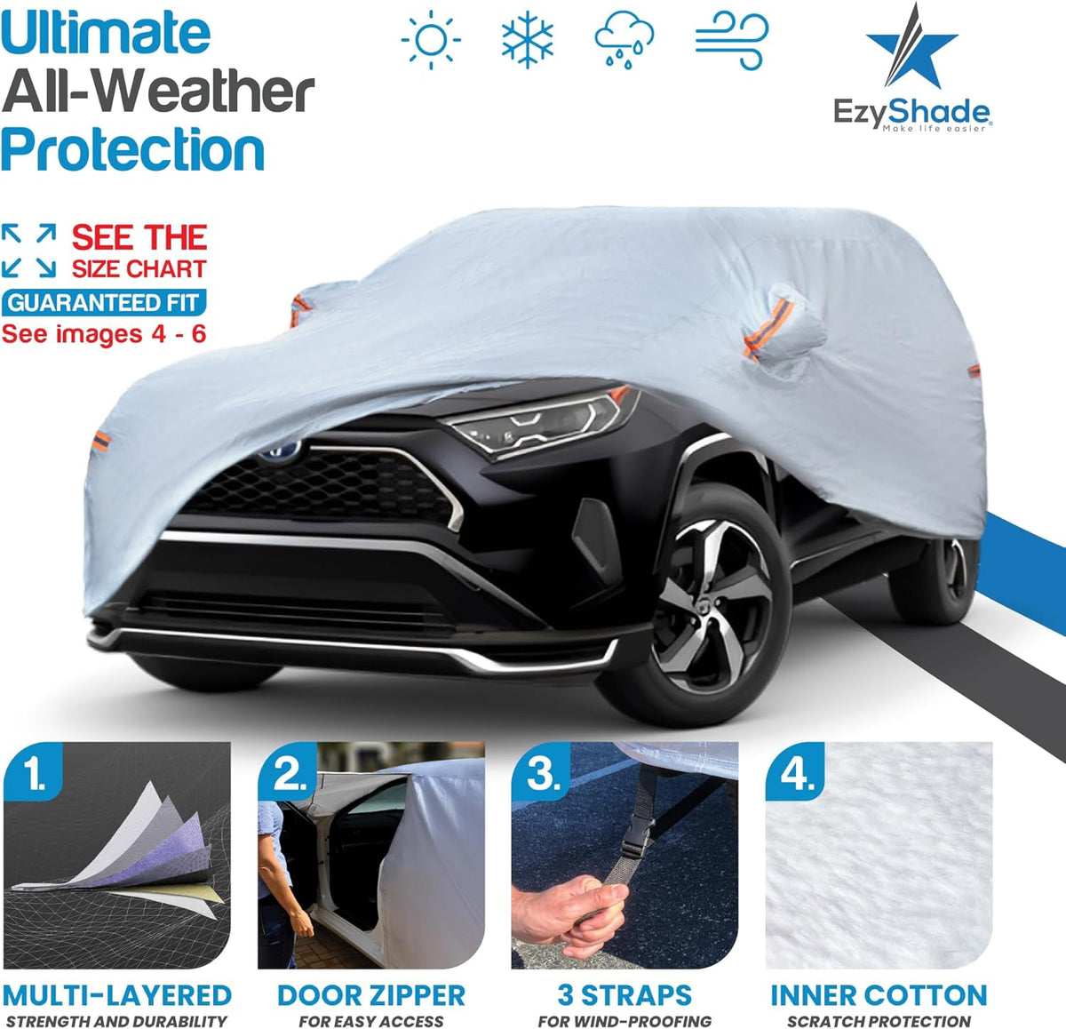 EzyShade 10-Layer Car Cover Waterproof All Weather - See Vehicle Size-Chart - Car Covers for Automobiles & Car Snow Cover - Full Exterior Covers - Winter Rain Sun SUV Sedan. Size A4 (See SizeChart)