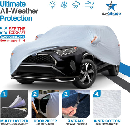 EzyShade 10-Layer Car Cover Waterproof All Weather - See Vehicle Size-Chart - Car Covers for Automobiles & Car Snow Cover - Full Exterior Covers - Winter Rain Sun SUV Sedan. Size A4 (See SizeChart)