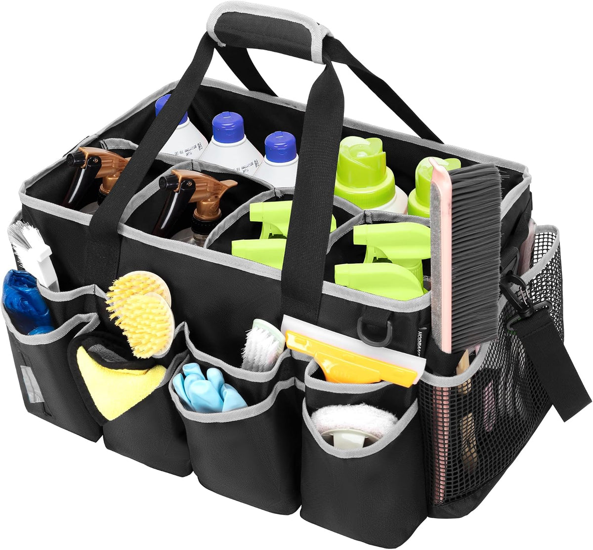HODRANT Extra-Large Wearable Cleaning Caddy, Organizer Bag for Products, Housekeeper Tote With Pad, Handle & Divider, Car Wash Tools Bag for Detailing Supplies, Gray Edge