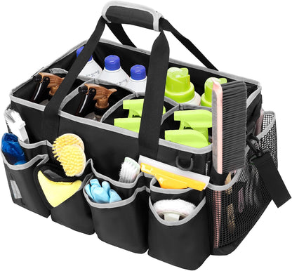 HODRANT Extra-Large Wearable Cleaning Caddy, Organizer Bag for Products, Housekeeper Tote With Pad, Handle & Divider, Car Wash Tools Bag for Detailing Supplies, Gray Edge