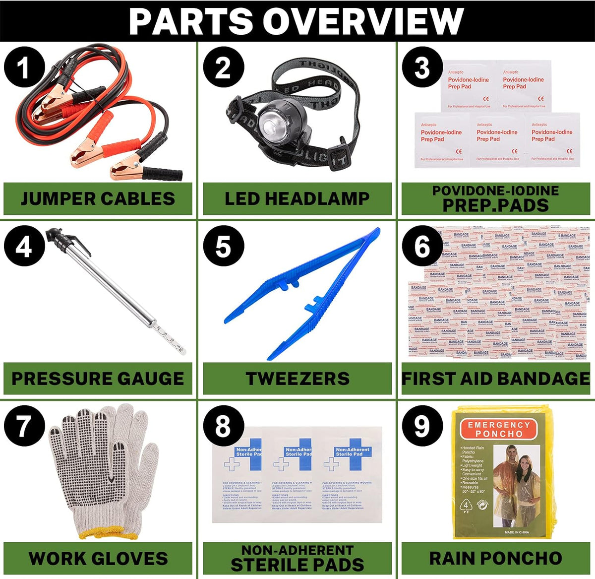 Car Roadside Emergency Kit with Battery Jumper Cables,Car Accessories for Men or Women,Automotive Safety Kit for Car,Vehicle, Truck or SUV,Gifts for Men or Him,Green