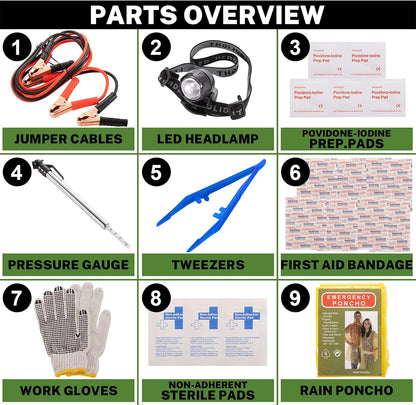 Car Roadside Emergency Kit with Battery Jumper Cables,Car Accessories for Men or Women,Automotive Safety Kit for Car,Vehicle, Truck or SUV,Gifts for Men or Him,Green