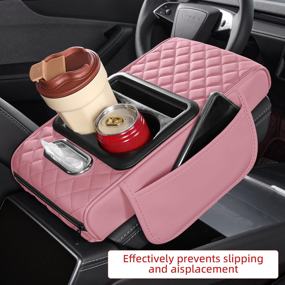 5 in 1 Car Center Console Cover, Armrest Pad with 2 Storage Pockets, Cup Holder, Tissue Slot, Phone Holder, Nappa Leather Memory Foam Car Accessories for SUV Sedan Truck (Black)