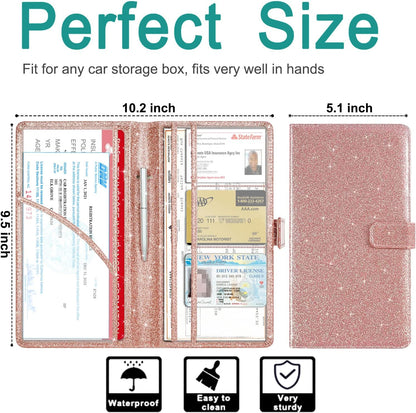 RSAquar Car Registration and Insurance Holder, Vehicle Glove Box Organizer Cool Car Accessories, Auto Truck Document Holder for Cards, Driver License, Black Glitter