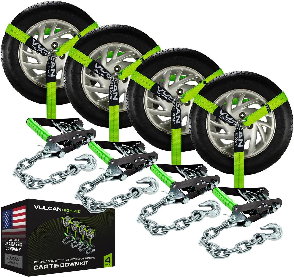 VULCAN Car Tie Down with Flat Hooks - Lasso Style - 2 Inch x 96 Inch - 4 Pack - Silver Series - 3,300 Pound Safe Working Load