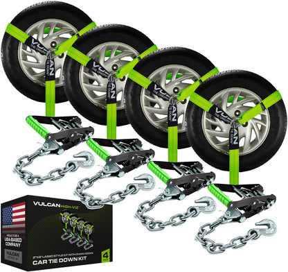 VULCAN Car Tie Down with Flat Hooks - Lasso Style - 2 Inch x 96 Inch - 4 Pack - Silver Series - 3,300 Pound Safe Working Load