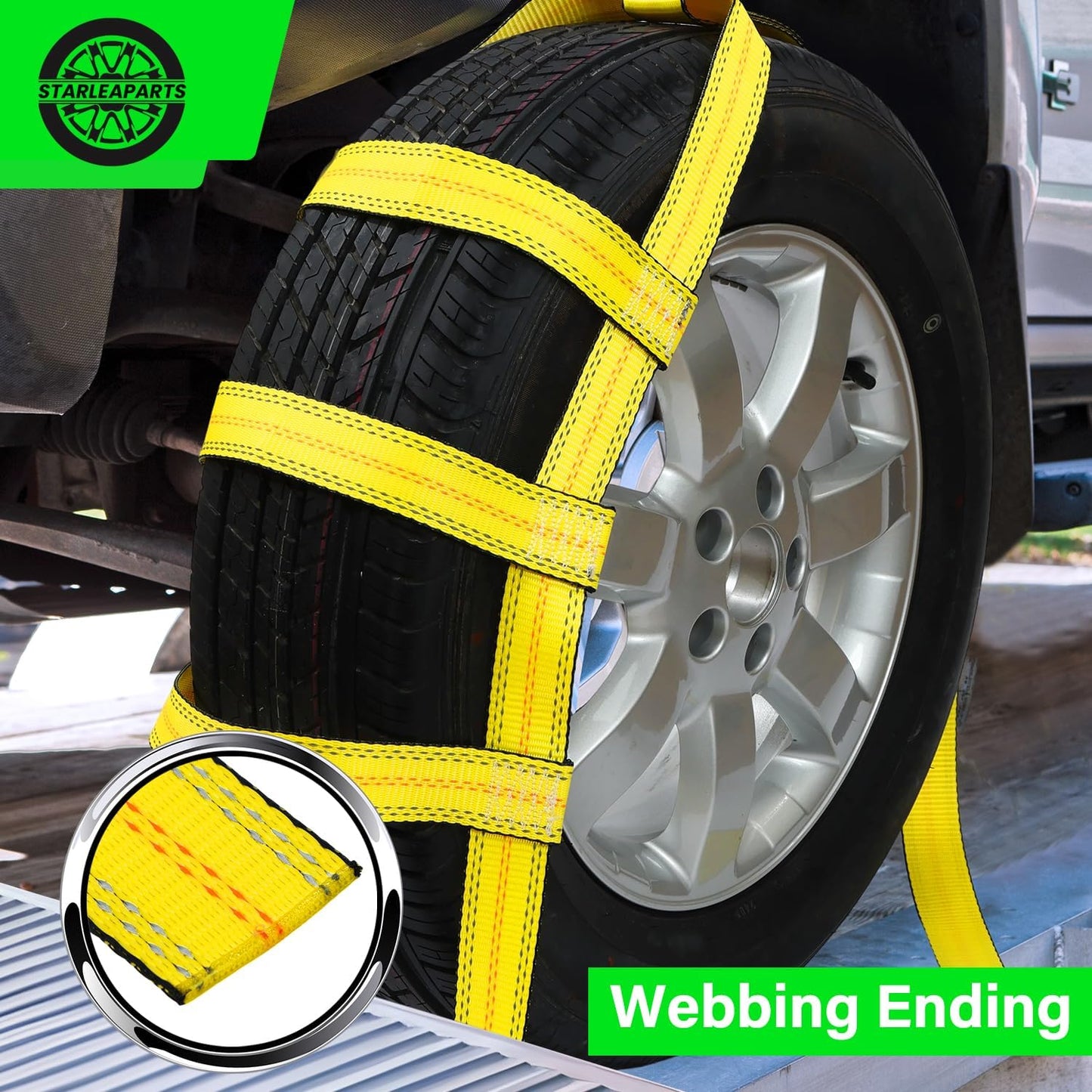 STARLEAPARTS Tow Dolly Straps with Reflective, 2 Pack Tow Dolly Basket Straps with Flat Hook, Car Dolly Strap, 10,000 lbs Breaking Strength, Tire Bonnet with Carrying Bag Fits Most 14"-17" Tires