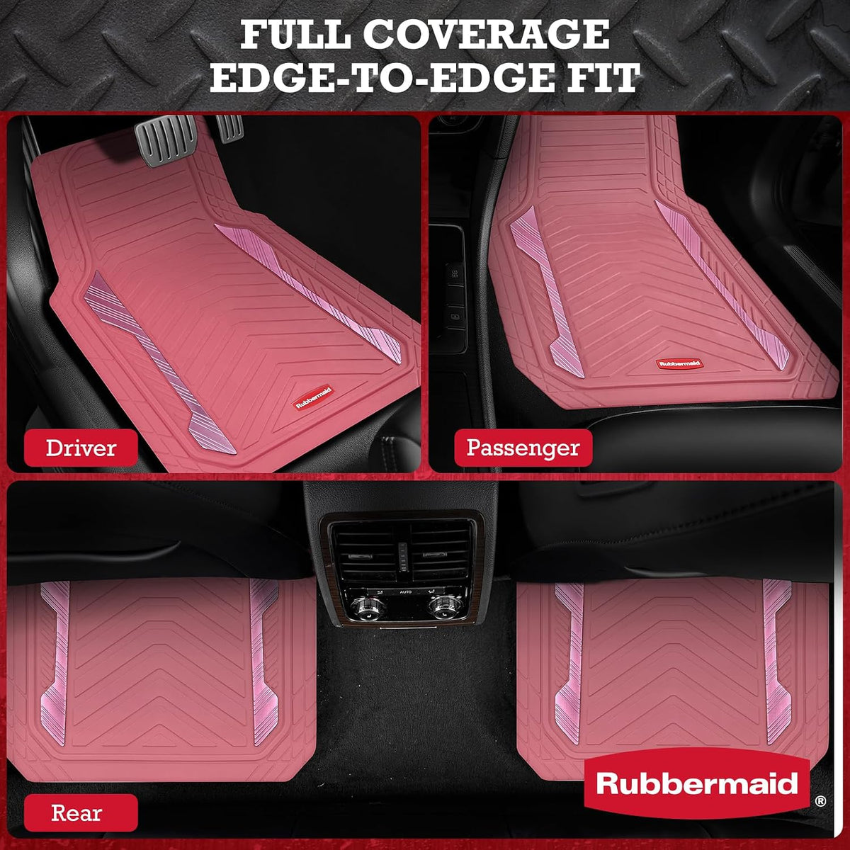 Rubbermaid Car Floor Mat, Heavy Duty All-Weather Car Mats Full Set with Dual-Tone Pink Aluminum Inserts – Universal Fit, Anti-Slip Backing, Trim-to-Fit for Most SUV, Sedan, Van