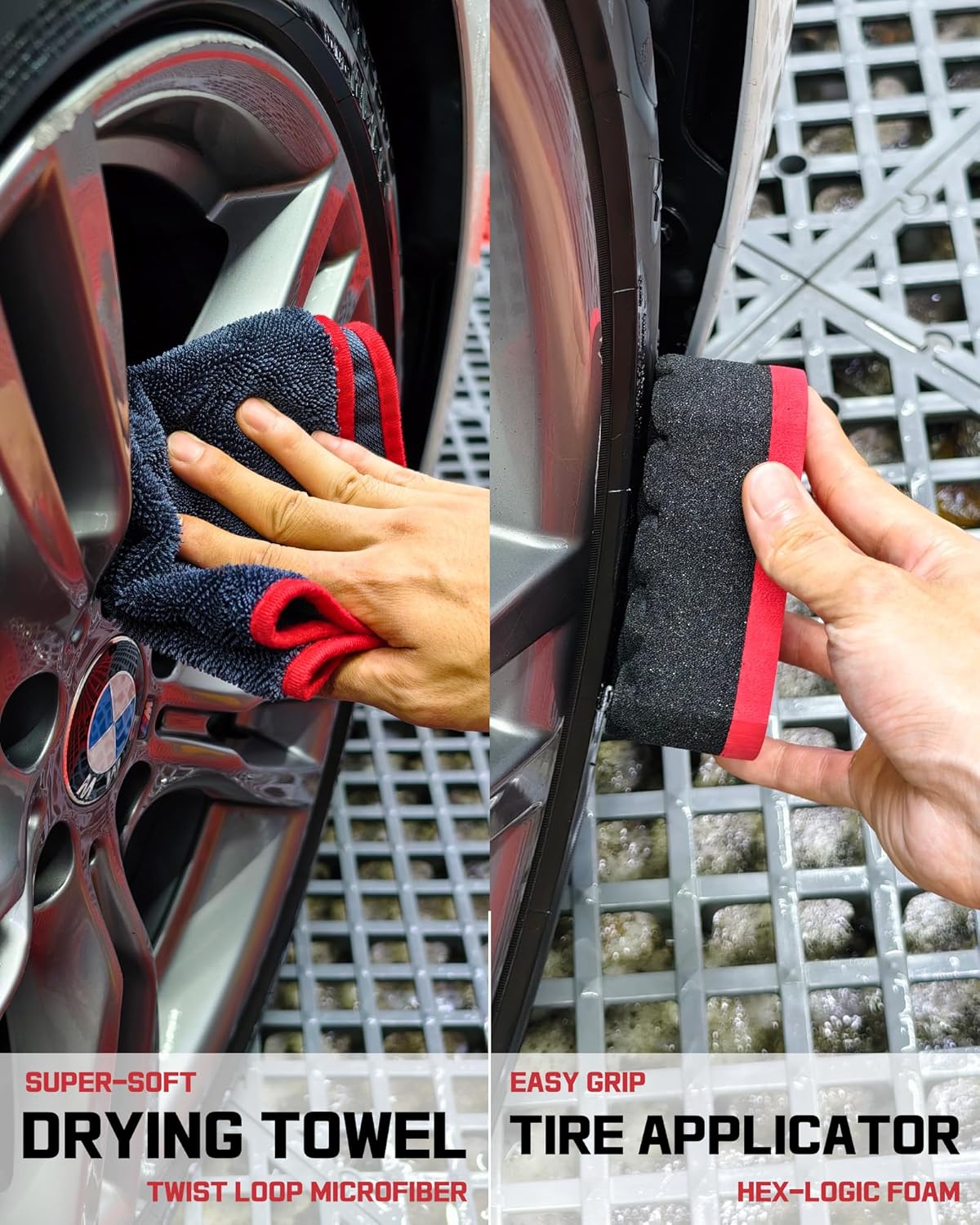 oesee 8PCS Wheel Cleaning Kit with Microfiber Brush & Rubber Grip Tire Brush, Twist Loop Drying Towel, Detailing Brush, Applicator for Car Rim and Tire Care