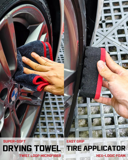 oesee 8PCS Wheel Cleaning Kit with Microfiber Brush & Rubber Grip Tire Brush, Twist Loop Drying Towel, Detailing Brush, Applicator for Car Rim and Tire Care