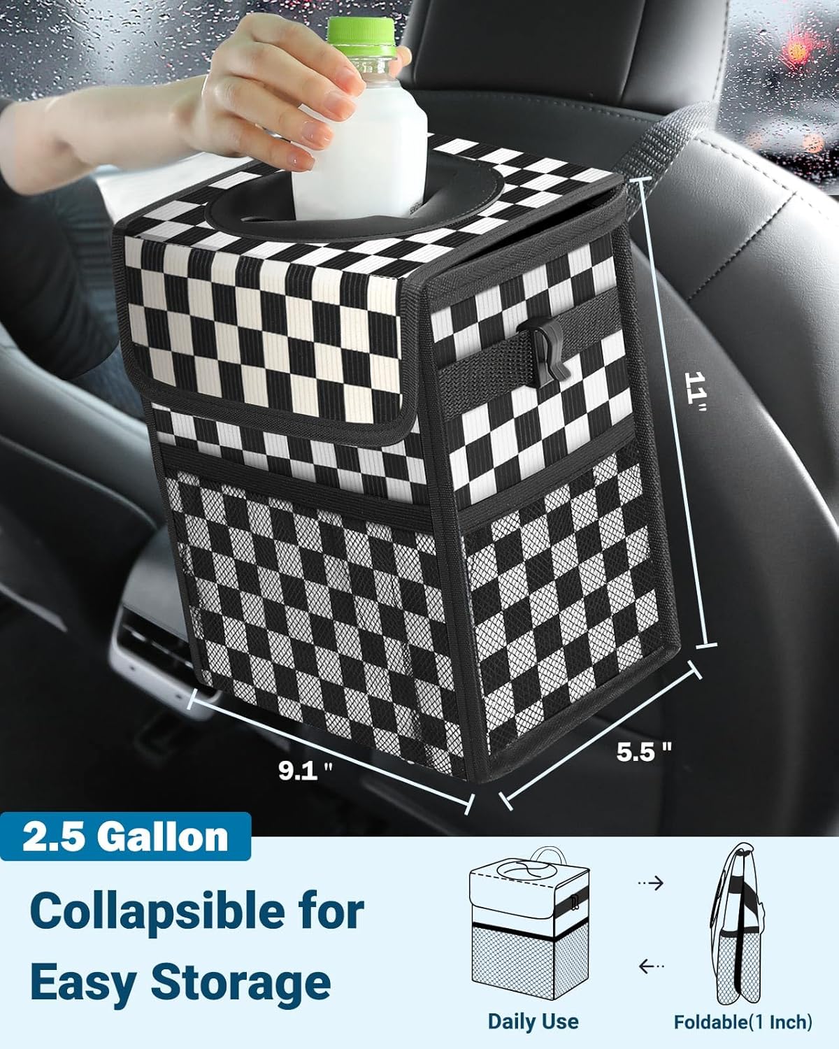 Capolo Car Trash Can with Lid, Leakproof Car Trash Bag Hanging Waterproof Automotive Garbage Can with Storage Pockets Mini Vehicle Trash Bin for Back/Front Seat(Black,2.5 Gallon)