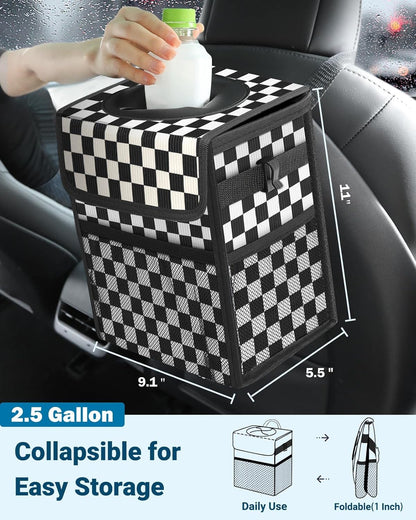 Capolo Car Trash Can with Lid, Leakproof Car Trash Bag Hanging Waterproof Automotive Garbage Can with Storage Pockets Mini Vehicle Trash Bin for Back/Front Seat(Black,2.5 Gallon)