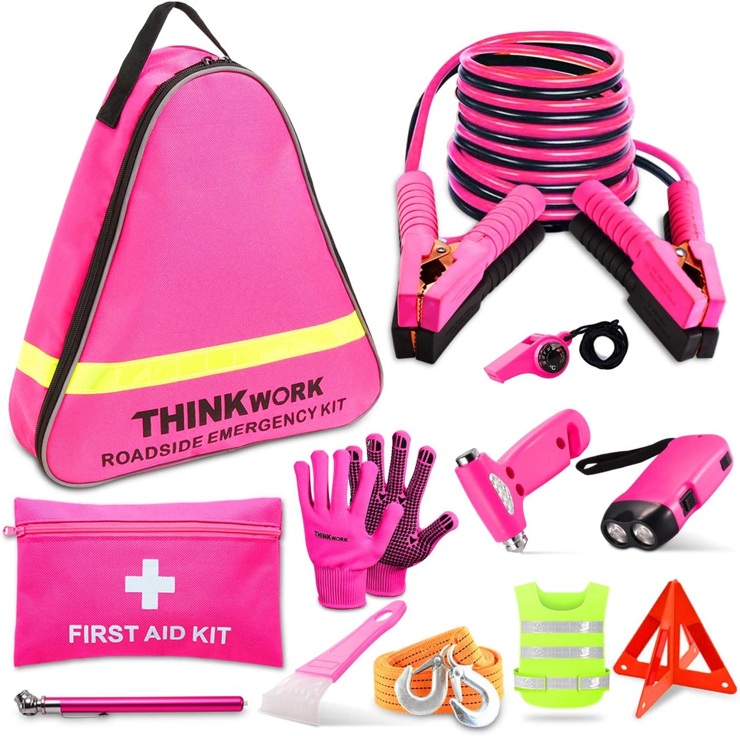 THINKWORK Car Emergency Kit for Teen Girl and Lady's Gifts, Pink Emergency Roadside Assistance kit with Digital Air Compressor, 10FT Jumper, First Aid Kit, and More Ideal Pink Car Accessories Tool -E7