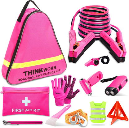 THINKWORK Car Emergency Kit for Teen Girl and Lady's Gifts, Pink Emergency Roadside Assistance kit with Digital Air Compressor, 10FT Jumper, First Aid Kit, and More Ideal Pink Car Accessories Tool -E7