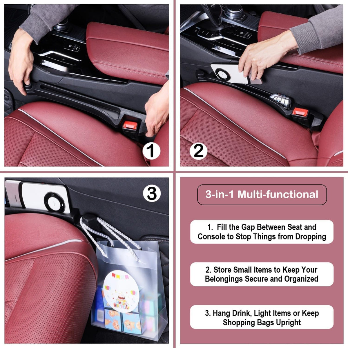 Car Seat Gap Plug with Storage Slot, Auto Gap Filler Organizer with Cup Holder, Universal Carseat Side Gap Filler Strip 2 Pack Between Front Seats & Console, Anti-Drop Pad with Seatbelt Holes, Black