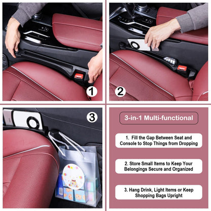 Car Seat Gap Plug with Storage Slot, Auto Gap Filler Organizer with Cup Holder, Universal Carseat Side Gap Filler Strip 2 Pack Between Front Seats & Console, Anti-Drop Pad with Seatbelt Holes, Black