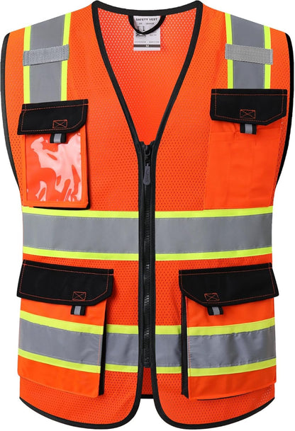 JKSafety Hi Vis Reflective Safety Vests for Men Women High Visibility Vest with Pockets Mesh Fabric Construction Safety Apparel Neon Vest for Work (220-Black L)