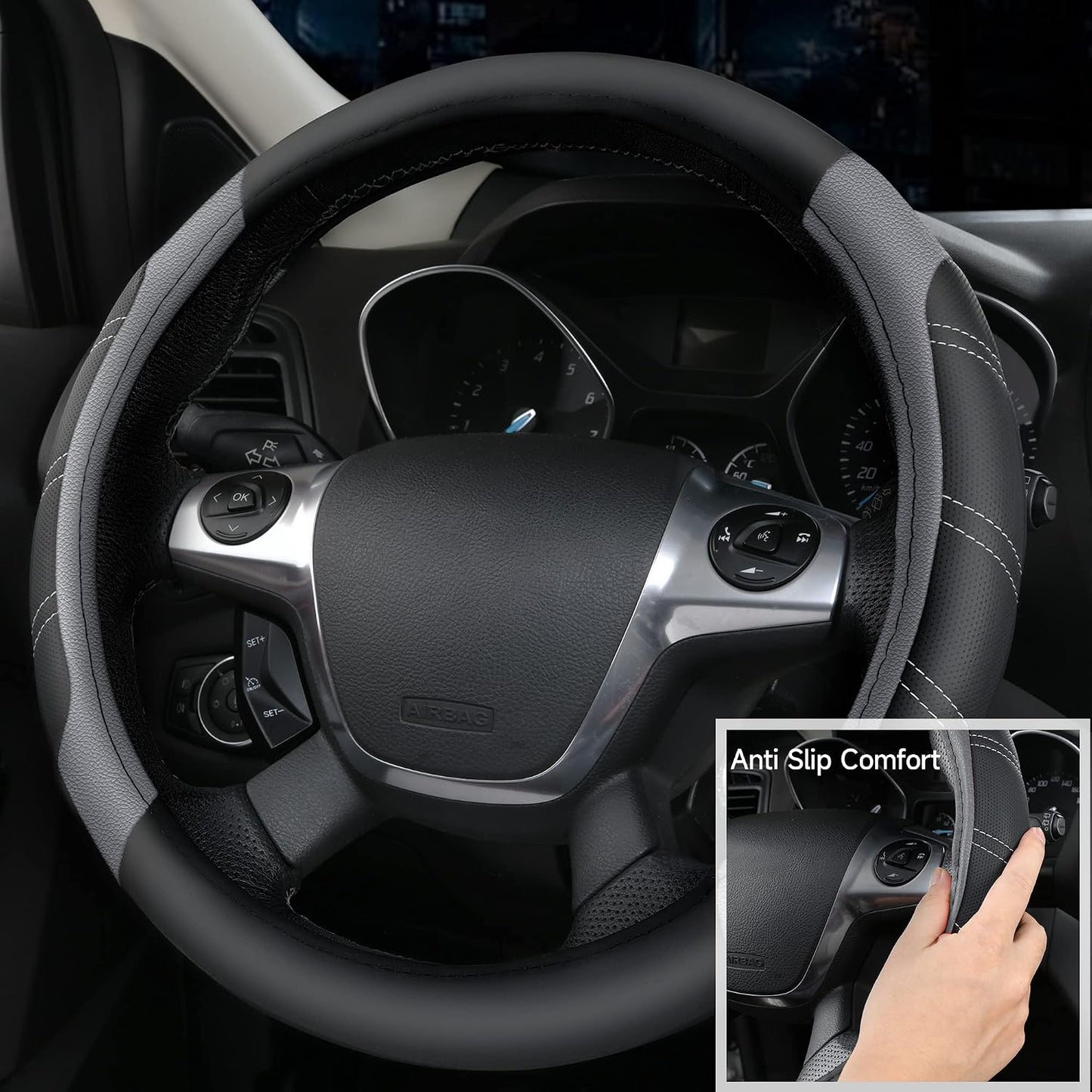 CAR PASS Air Mesh Leather Car Seat Covers Full Set, Waterproof Car Floor Mats, Sporty Steering Wheel Cover 14.5-15in, Universal Fits for 95% Cars Truck SUV (Black and Blue)