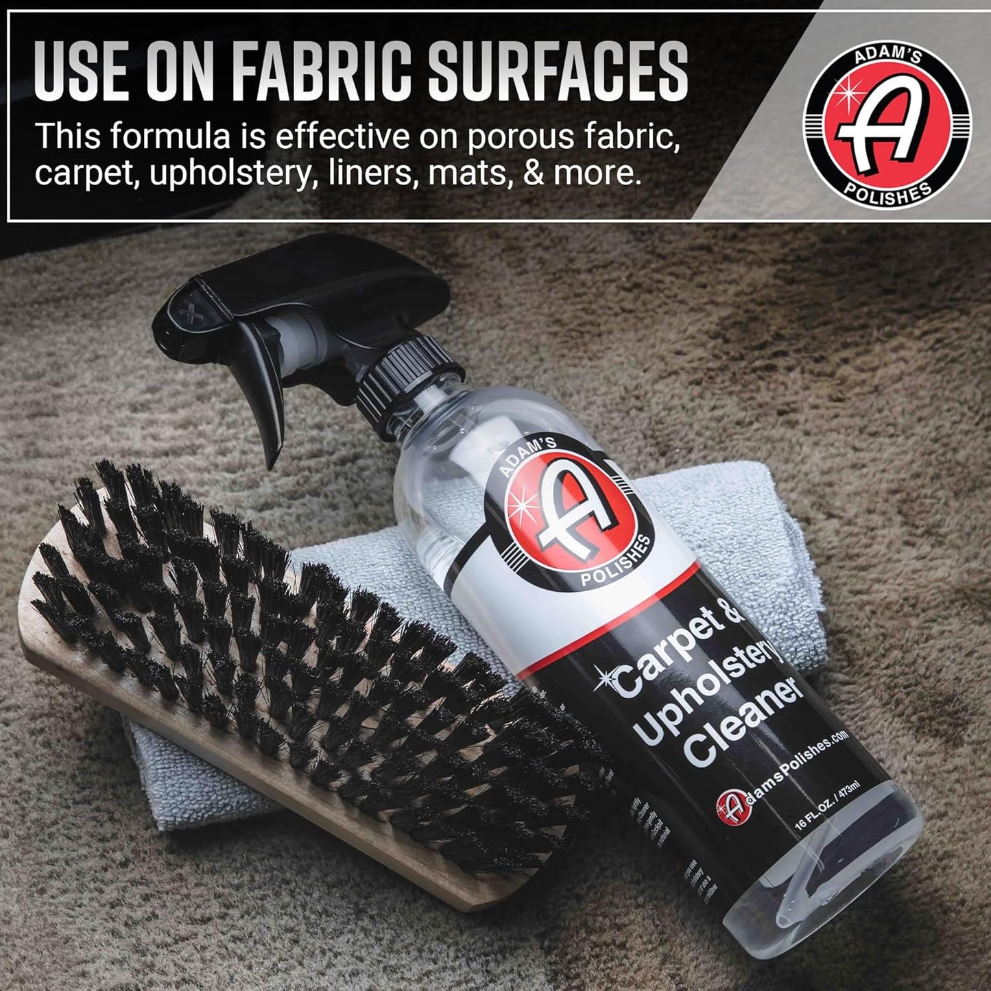 Adam's Polishes Carpet & Upholstery Cleaner (16oz) - Powerful Car Carpet Cleaner For Auto Detailing, Cloth & Fabric Interior Cleaning Solution, Stain Remover For Car Seat, Floor Mats & More