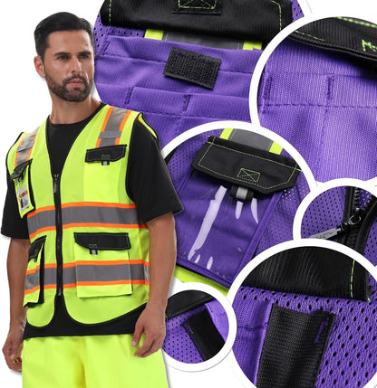 JKSafety Hi Vis Reflective Safety Vests for Men Women High Visibility Vest with Pockets Mesh Fabric Construction Safety Apparel Neon Vest for Work (220-Black L)