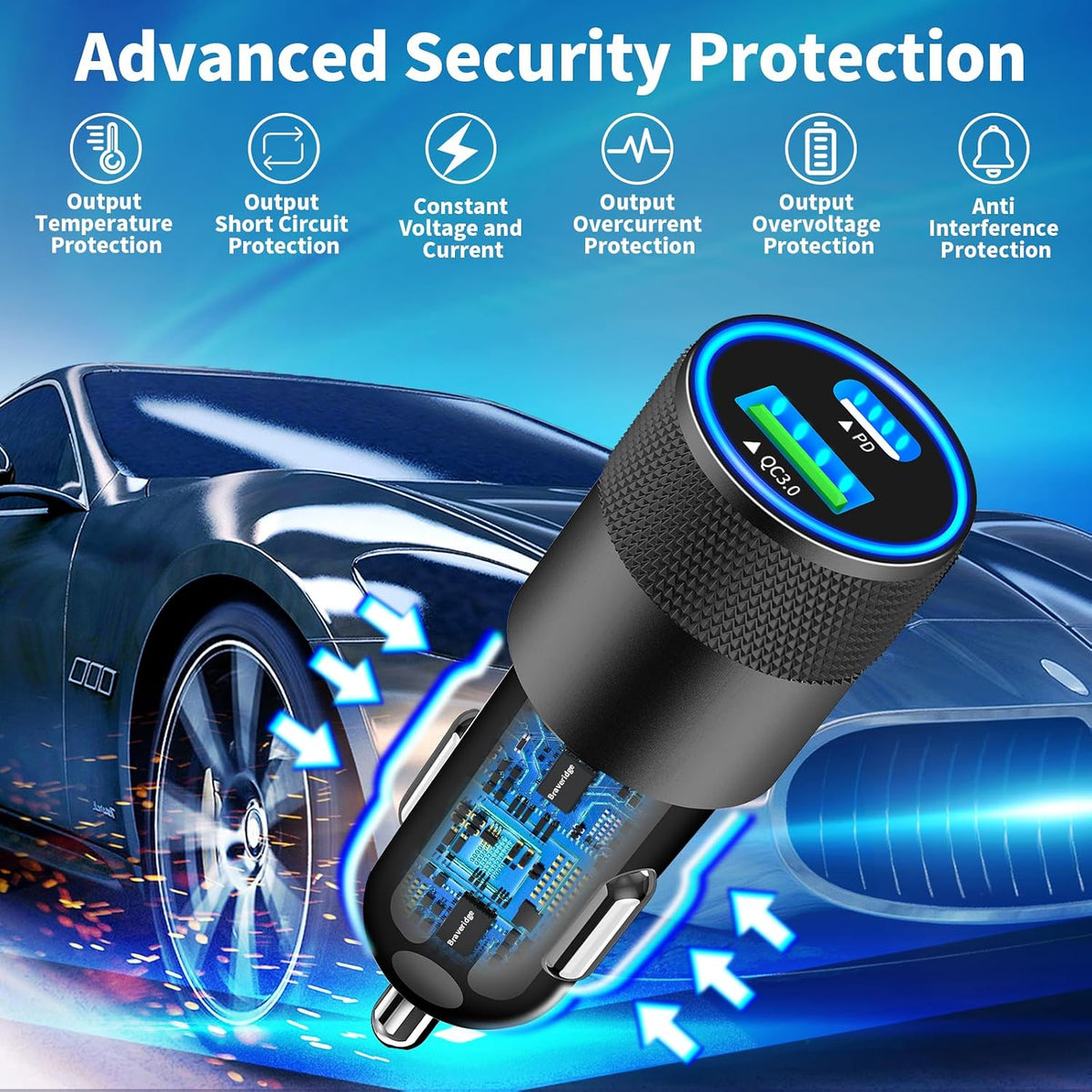 【MFi Certified】iPhone 17 Car Charger Fast Charging, Braveridge 75W USB C PD&QC Car Power Cigarette Lighter USB Charger with 6FT Type C Coiled Cable for iPhone 17/17 Pro Max/16/15/Galaxy S26/S25/Pixel