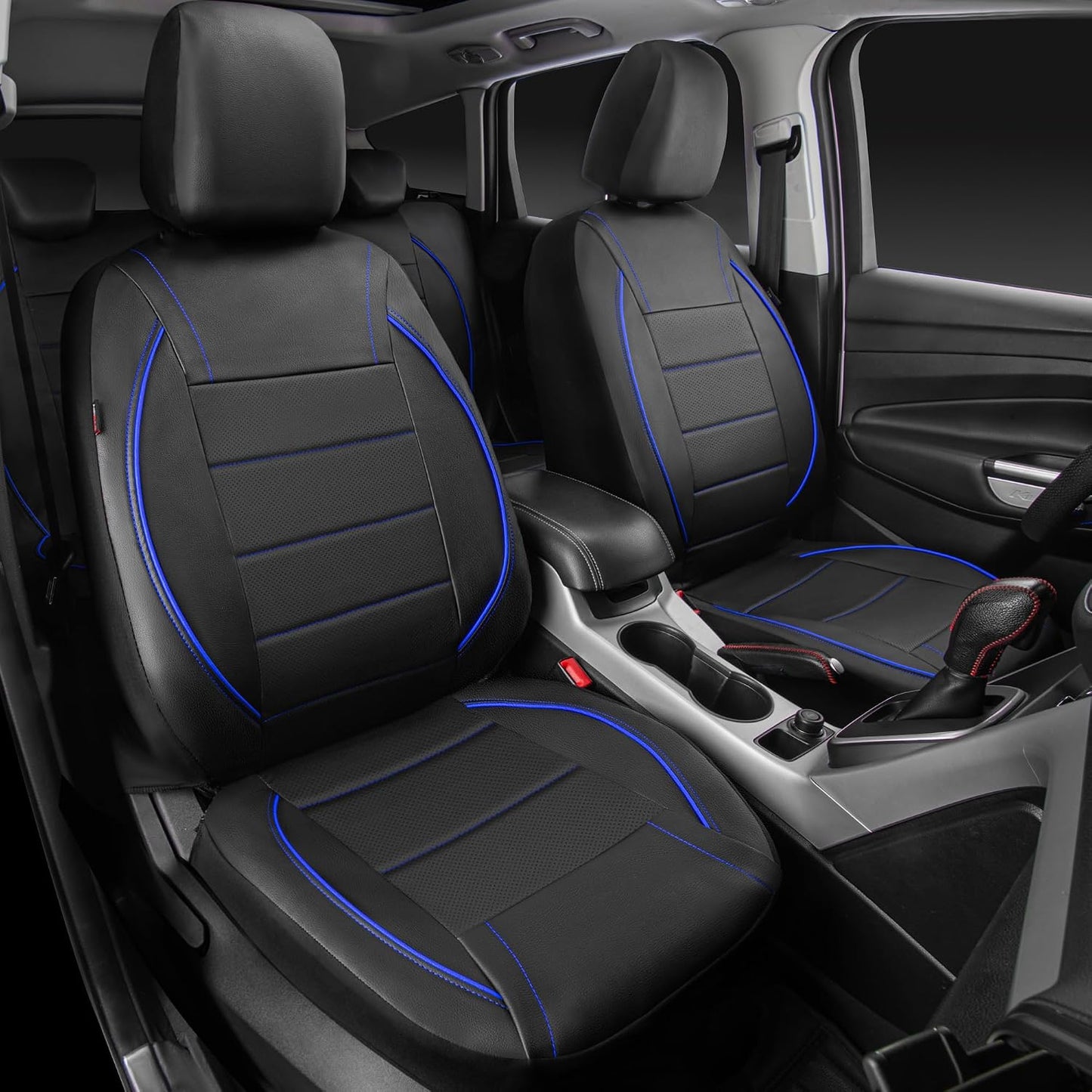 CAR PASS Universal FIT Piping Leather Two Front Seat Covers, Waterproof Faux Leather for SUV Sedan Van Truck, Airbag Compatible,Reserved Opening Holes for Headrest Covers. (Black red)