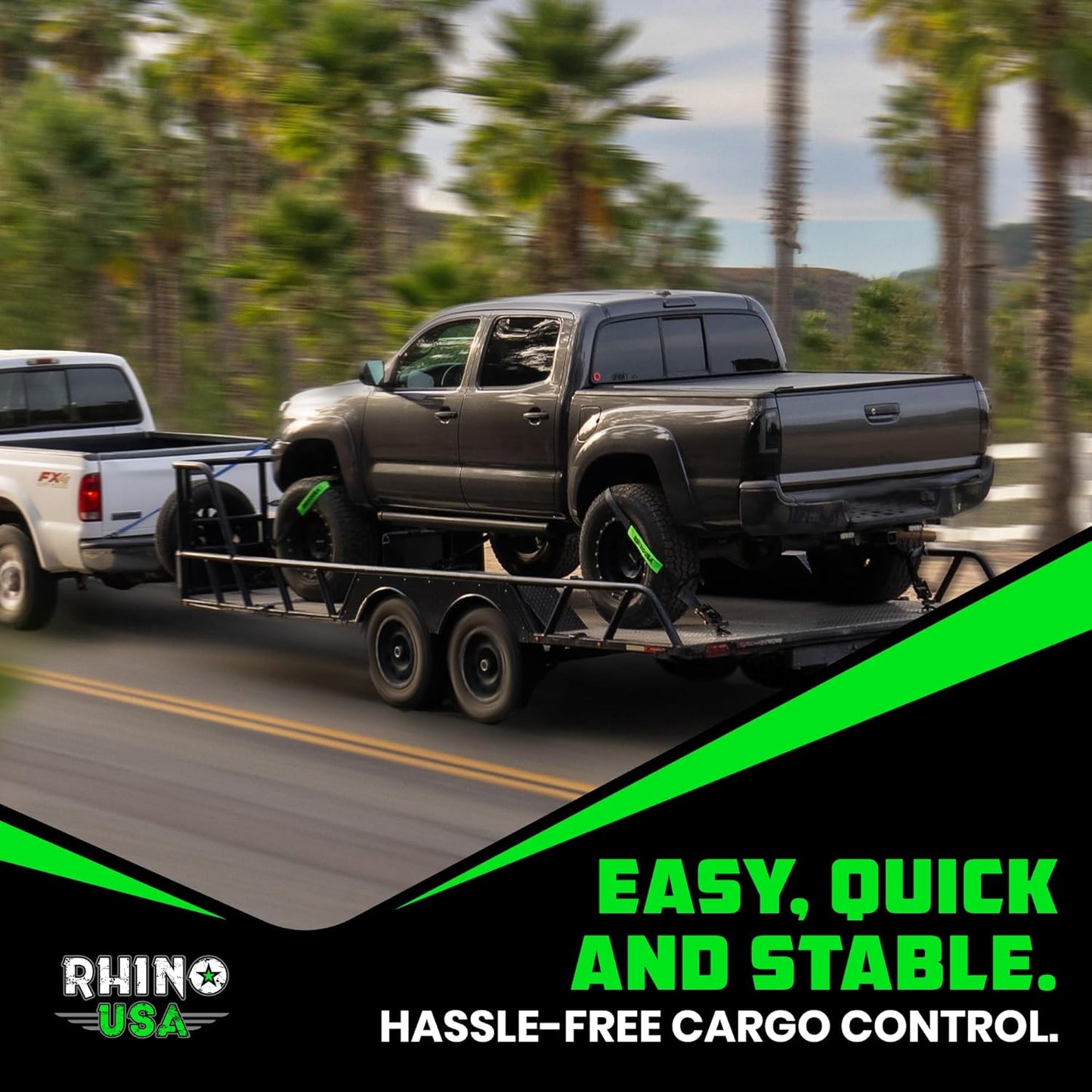 Rhino USA Car Tie Down Straps with J Hooks – 4 Pack 2" x8' – 10,000lbs Break Strength – Heavy Duty T-Handle Car Hauler Tire Lasso Wheel Straps for Trailers, UTV & Powersports – Black