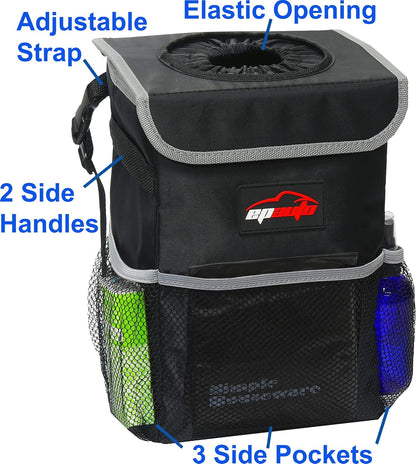 EPAuto Waterproof Car Trash Can with Lid and Storage Pockets, 2.5 Gallon, Black