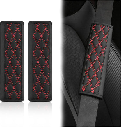 2PCS Car Seat Belt Cover Pads,Leather Seatbelt Covers Protect Shoulder and Neck Car Accessories Interior,Universal Car Seat Strap Pads Car Decorations for Most Cars Trucks (Black/Red)