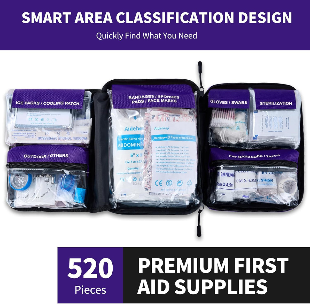 520 Pieces Premium First Aid Kit - Large Emergency Medical Kit for Survival, Car, Home, Travel, Camping, Backpack, Hiking, School (Red)