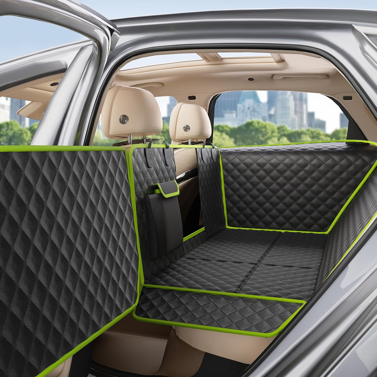 Dog Car Seat Cover for Back Seat, Waterproof Leather Fabric Back Seat Extender for dogs 52.4 * 24.4in, Foldable in The Car, Hard PVC Panels Bottom Support to 330 lbs, for Cars/Mid-Size SUV/Small Truck